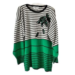 Adolfo Woolblend Sweater, Sz. M, White/Black/Green, Sequin Flowers, Striped